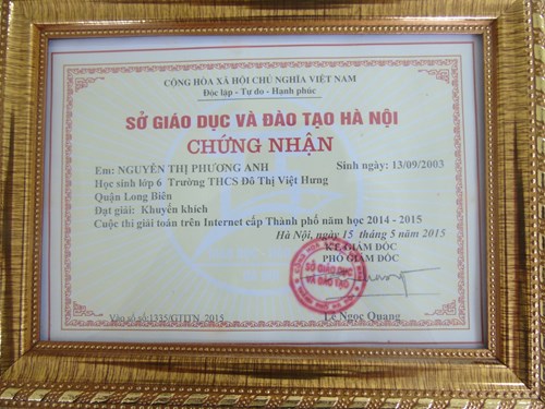 Em Nguyễn Thị Phương Anh - Lớp 6A3 đạt giải khuyến khích cuộc thi toán trên internet cấp thành phố năm học 2014-2015